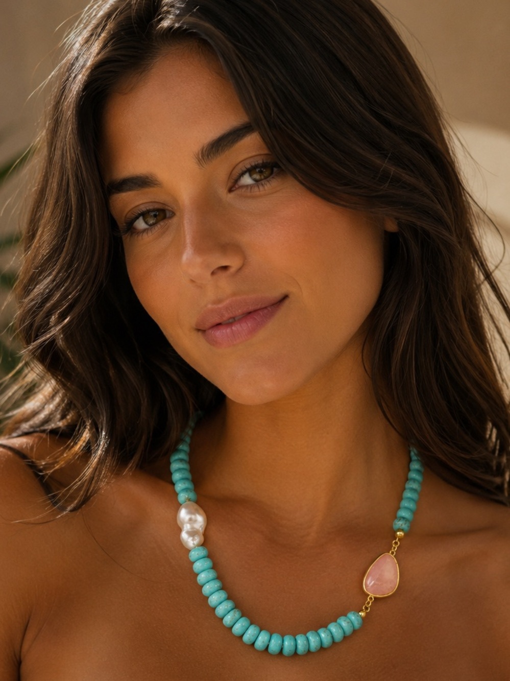 Turquoise Bead Necklace with Pink Stone and Pearl Accent - by Mayamar